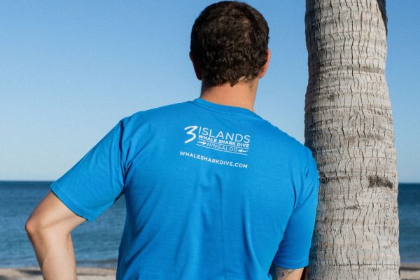 A man is seen from the back, wearing a blue t-shirt with a website and logo for "3 Islands Whale Shark Dive" printed on it, standing next to a palm tree with the ocean in the background.