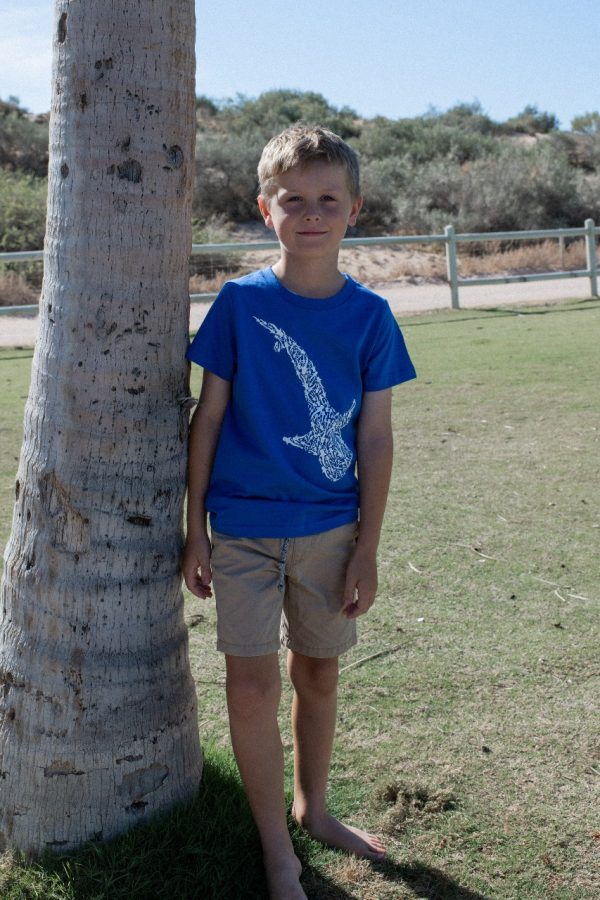 The same child from the previous image, now facing forward, wearing a blue T-shirt with a white whale shark design on the front.