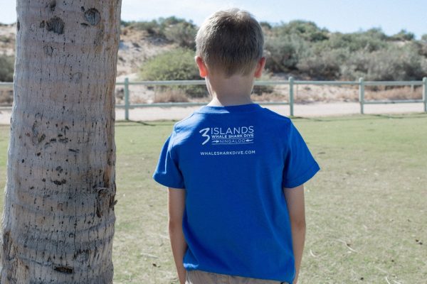 A child in a blue T-shirt with "Three Islands Whale Shark Dive Ningaloo" printed on the back, standing in front of a tree.