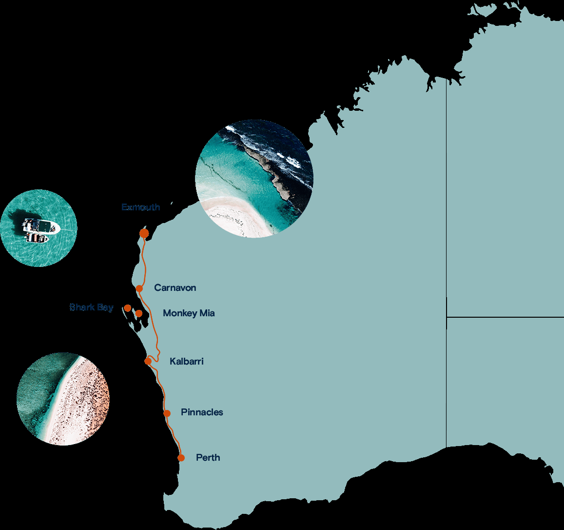 Map of Western Australia showing the coastal route from Perth to Exmouth for swimming with whale sharks on the Ningaloo Reef