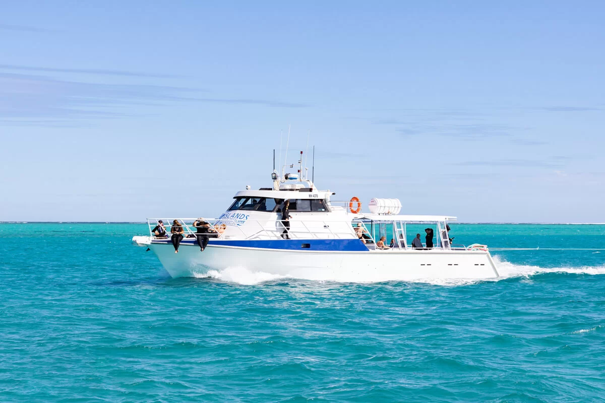 Tourists on the Seafari vessel preparing to swim with whale sharks in Exmouth, Australia, on the Ningaloo Reef