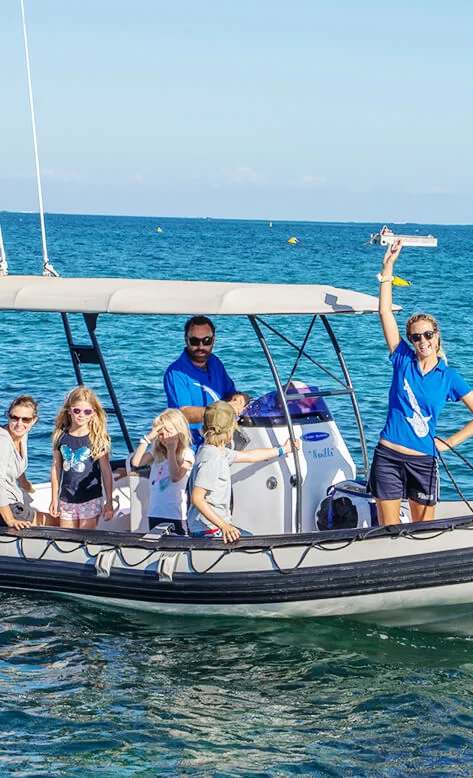 Families preparing for a swim with whale sharks Exmouth tour aboard a support boat Families preparing for a swim with whale sharks Exmouth tour aboard a support boat