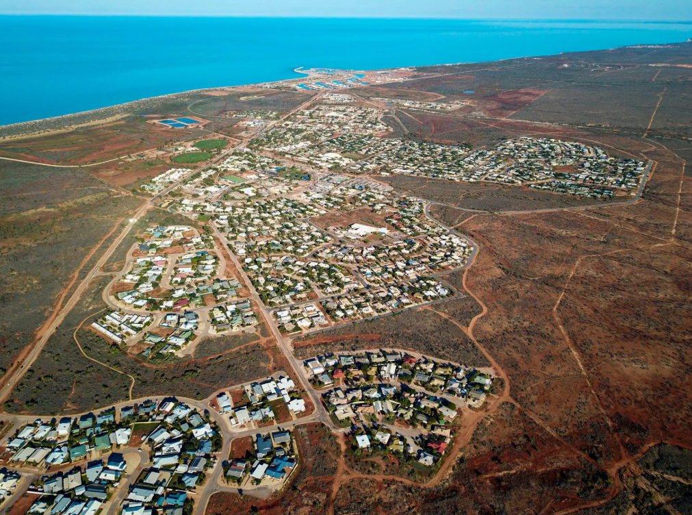 Aerial View of Exmouth Western Australia Aerial view of Exmouth showing the coastline, town and red outback landscape